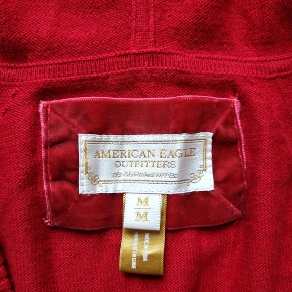 AMERICAN EAGLE V-Neck Pullover Red Angora Cotton Hooded Sweater Women M - Picture 6 of 7